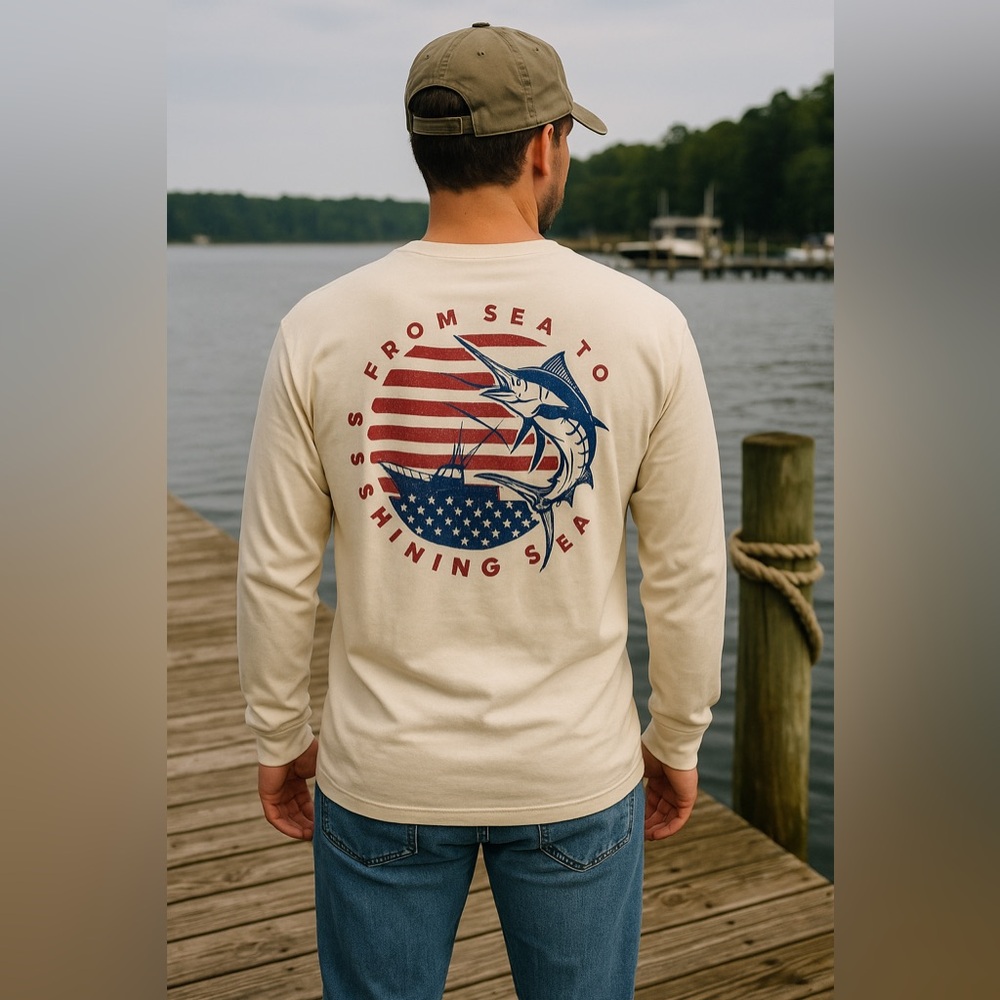 Life is Good Marlin Fishing Patriotic Long Sleeve Tee XXL Cream USA Flag
